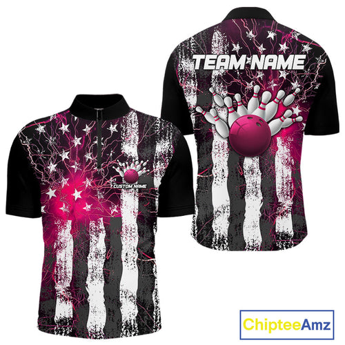 Pink Lightning US Flag Custom Bowling Team Jerseys, Patriotic Bowling Quarter-Zip Shirt For Men IPHW9916