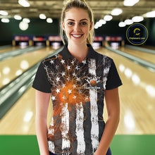 Load image into Gallery viewer, Orange Lightning US Flag Custom Bowling Team Jerseys, Patriotic Bowling Women Polo Shirt IPHW9917