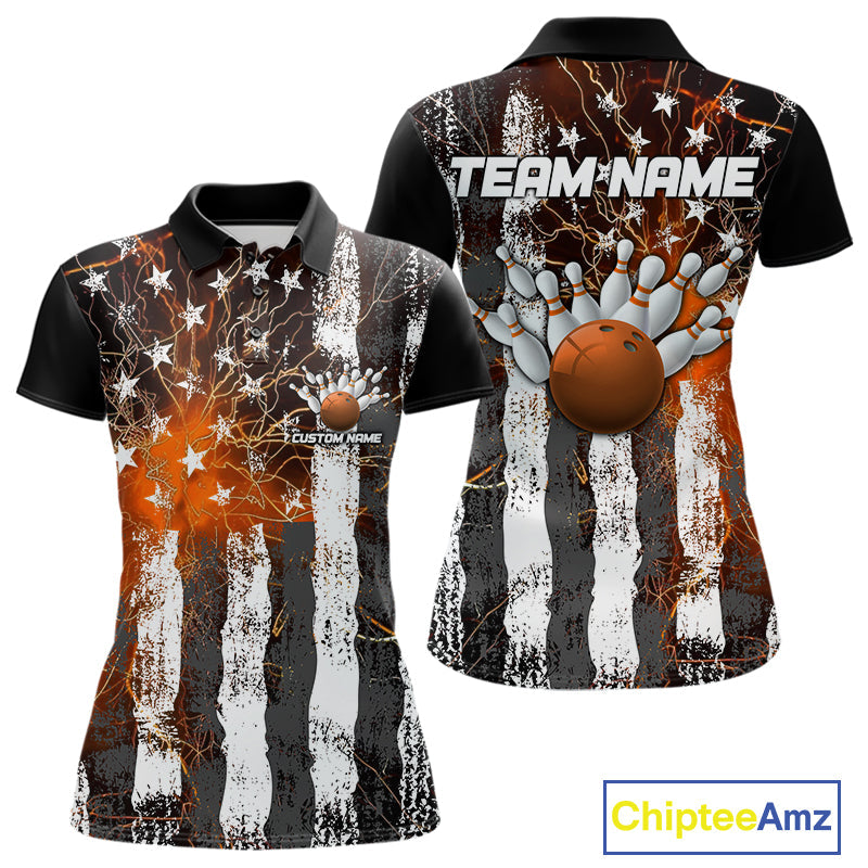 Orange Lightning US Flag Custom Bowling Team Jerseys, Patriotic Bowling Women Polo Shirt IPHW9917