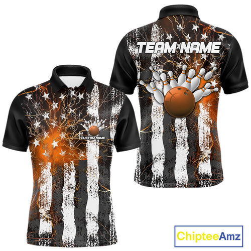 Orange Lightning US Flag Custom Bowling Team Jerseys, Patriotic Bowling Polo Shirt For Men IPHW9917