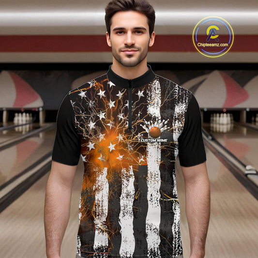 Orange Lightning US Flag Custom Bowling Team Jerseys, Patriotic Bowling Quarter-Zip Shirt For Men IPHW9917