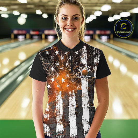 Orange Lightning US Flag Custom Bowling Jersey, Patriotic Bowling Women Quarter-Zip Shirt IPHW9917
