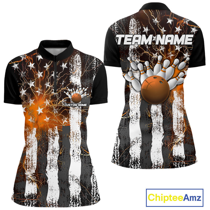 Orange Lightning US Flag Custom Bowling Jersey, Patriotic Bowling Women Quarter-Zip Shirt IPHW9917