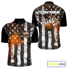 Load image into Gallery viewer, Orange Lightning US Flag Custom Bowling Team Jerseys, Patriotic Bowling Quarter-Zip Shirt For Men IPHW9917