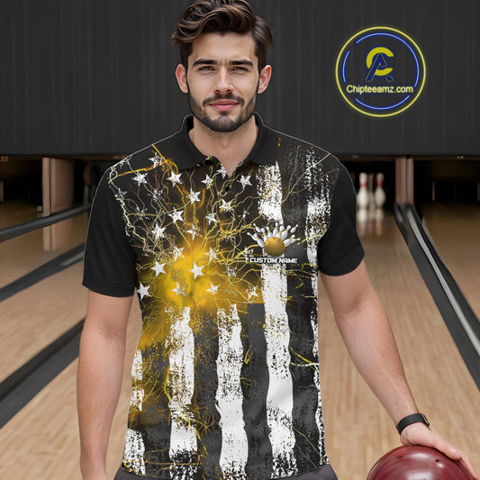 Yellow Lightning US Flag Custom Bowling Team Jerseys, Patriotic Bowling Polo Shirt For Men IPHW9918