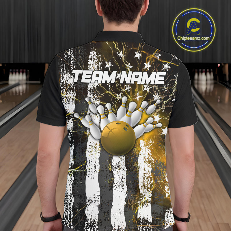 Yellow Lightning US Flag Custom Bowling Team Jerseys, Patriotic Bowling Polo Shirt For Men IPHW9918