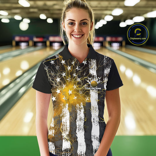 Yellow Lightning US Flag Custom Bowling Team Jerseys, Patriotic Bowling Women Polo Shirt IPHW9918