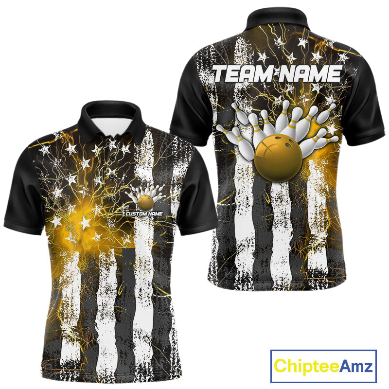 Yellow Lightning US Flag Custom Bowling Team Jerseys, Patriotic Bowling Polo Shirt For Men IPHW9918