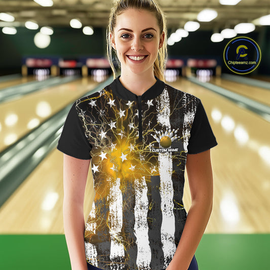 Yellow Lightning US Flag Custom Bowling Jersey, Patriotic Bowling Women Quarter-Zip Shirt IPHW9918