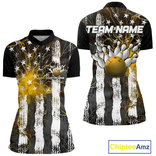 Yellow Lightning US Flag Custom Bowling Jersey, Patriotic Bowling Women Quarter-Zip Shirt IPHW9918
