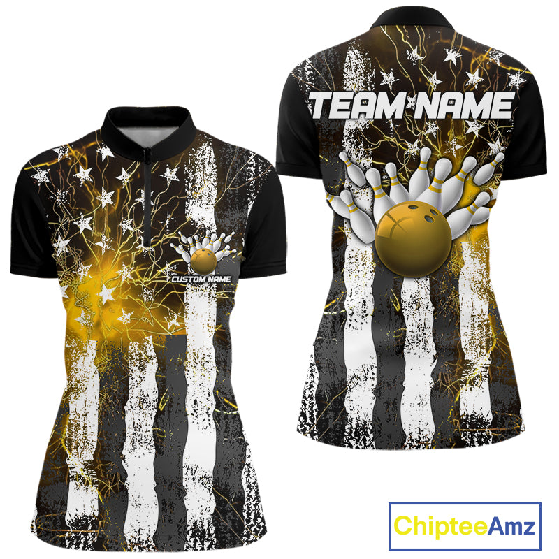 Yellow Lightning US Flag Custom Bowling Jersey, Patriotic Bowling Women Quarter-Zip Shirt IPHW9918