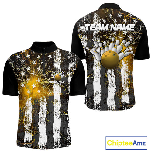 Yellow Lightning US Flag Custom Bowling Team Jerseys, Patriotic Bowling Quarter-Zip Shirt For Men IPHW9918