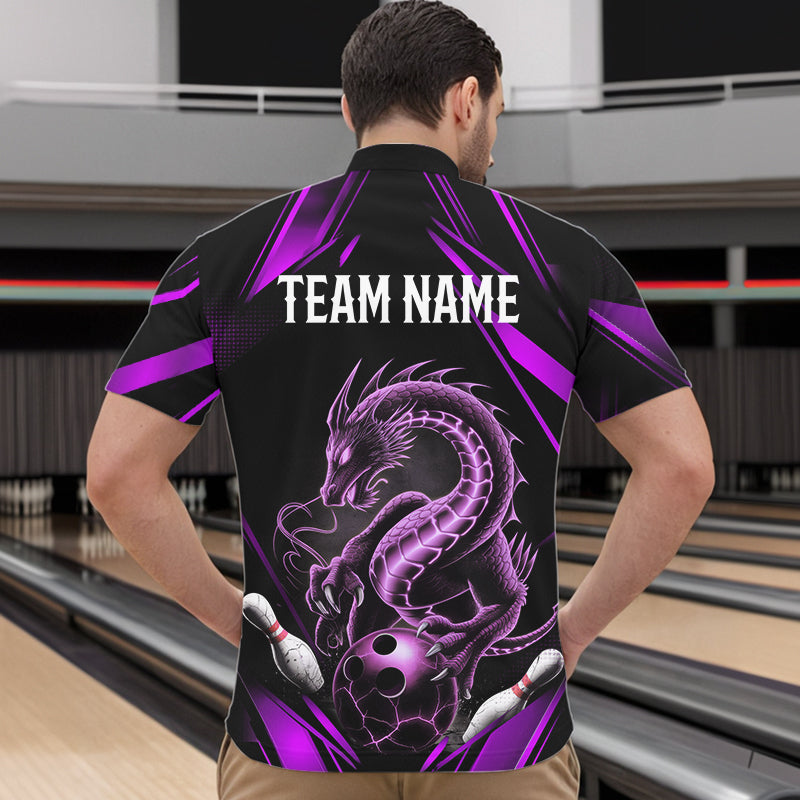 Custom Black And Purple Dragon Bowling Quarter-Zip Shirts For Men, Dragon Bowling League Shirt IPHW8673