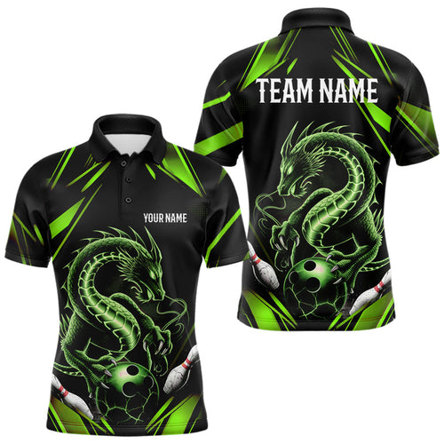 Custom Black And Green Dragon Bowling Polo Shirts For Men, Dragon Bowling League Shirt IPHW8674