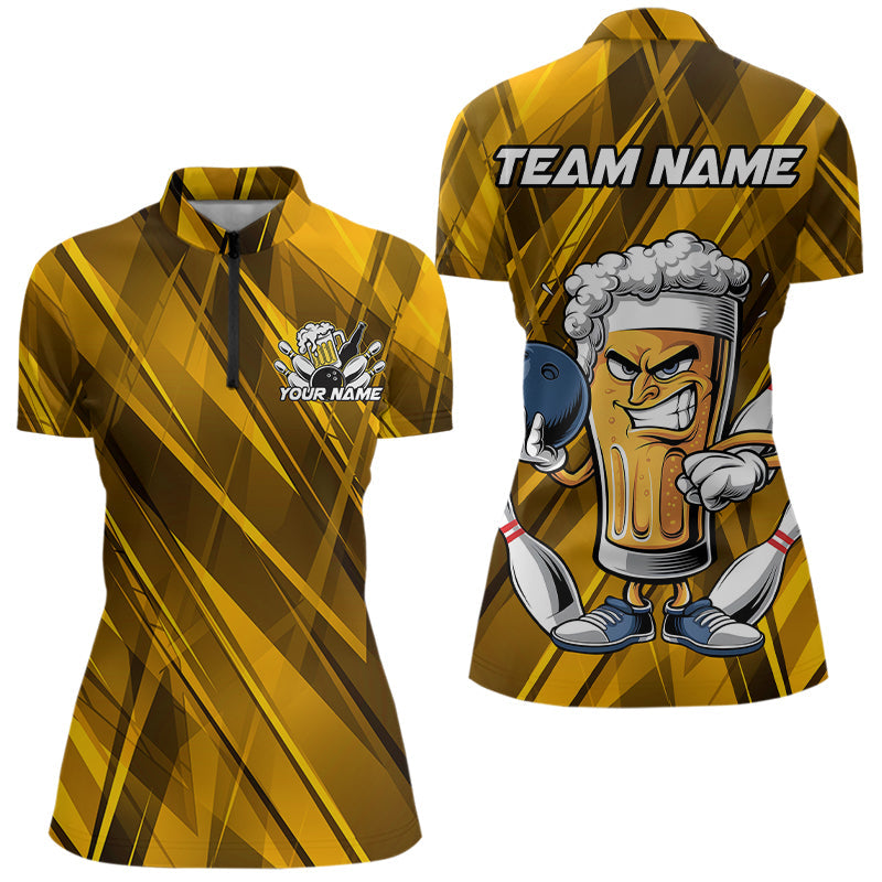 Custom Funny Beer Bowling Women Quarter-Zip Shirts For Bowlers, Beer And Bowling Jerseys IPHW8932