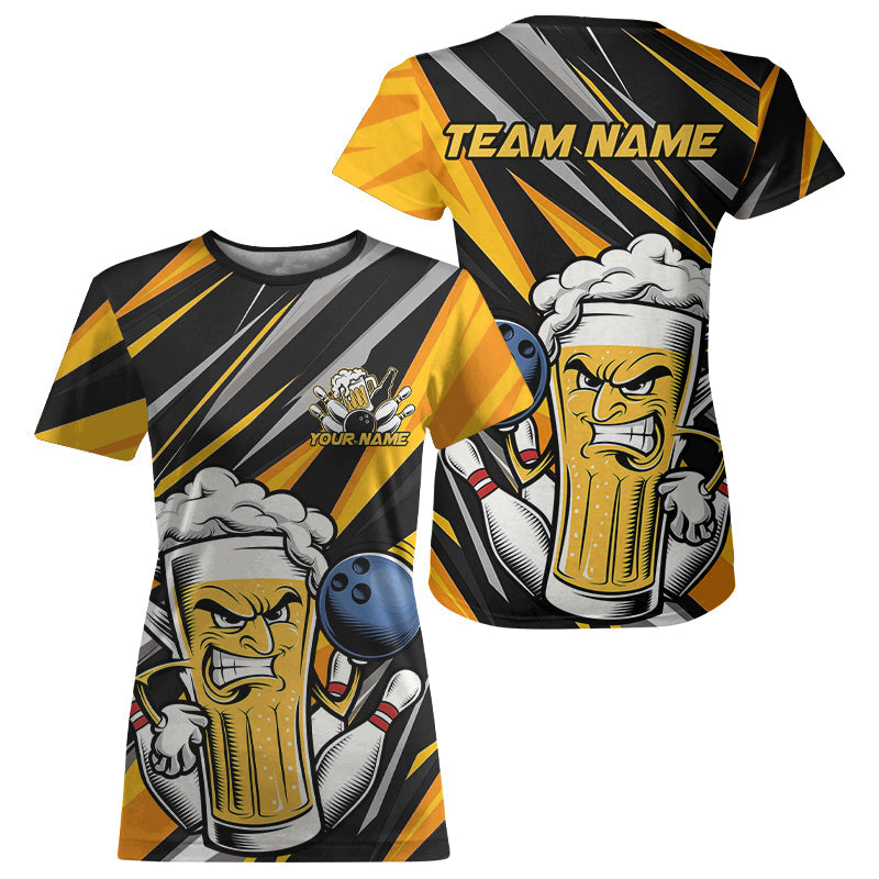 Custom Black And Yellow Funny Beer Bowling Women T-Shirts, Angry Beer Glass Bowling Jersey IPHW8933