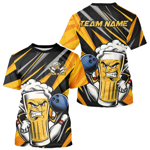 Custom Black And Yellow Funny Beer Bowling Men T-Shirts Shirts, Angry Beer Glass Bowling Jersey IPHW8933