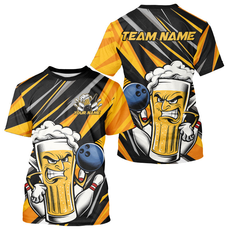 Custom Black And Yellow Funny Beer Bowling Men T-Shirts Shirts, Angry Beer Glass Bowling Jersey IPHW8933