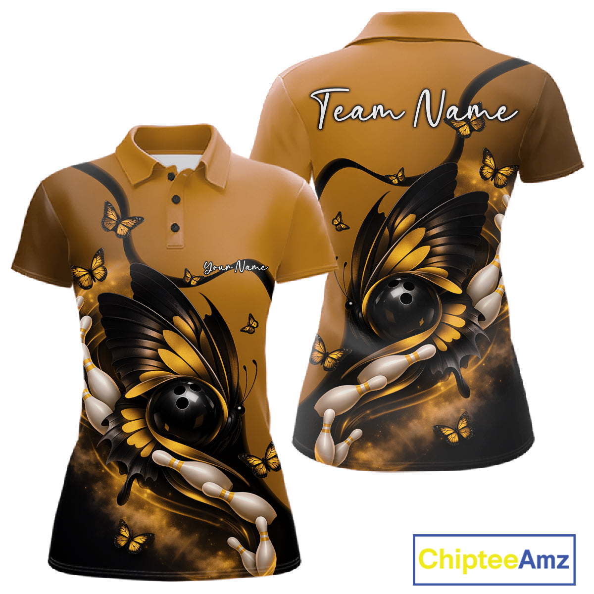 Front and back mockup of a yellow and black women’s bowling polo shirt featuring a butterfly wrapped around a bowling ball with bowling pins.
