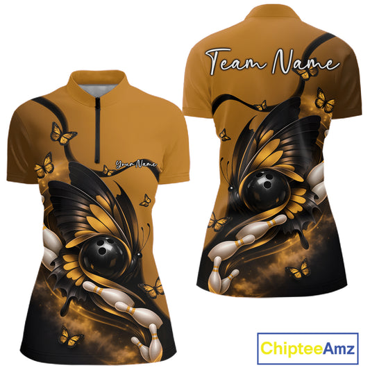 Front and back mockup of a yellow and black women’s bowling quarter-zip shirt featuring a butterfly wrapped around a bowling ball with bowling pins.