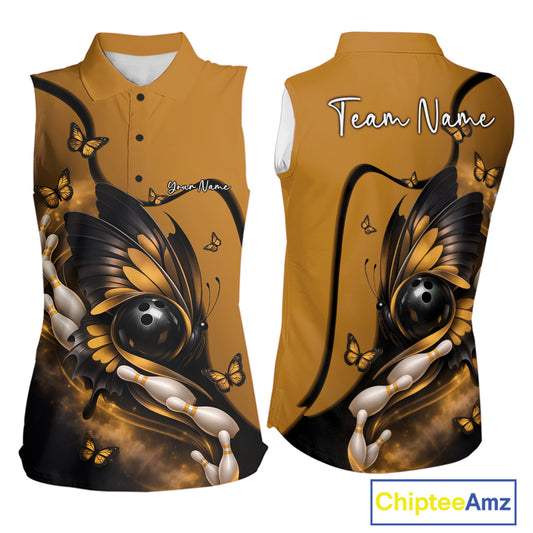 Yellow and black women’s sleeveless bowling shirt shown from front and back with a butterfly wrapped around a bowling ball and bowling pins.