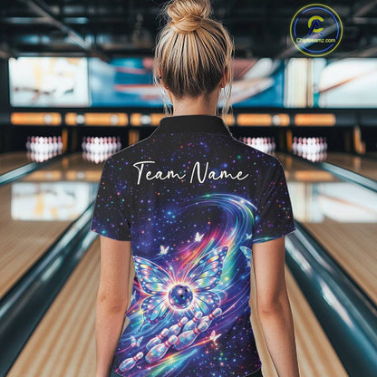 Back view of a female model wearing a bowling polo shirt with luminous butterfly wings, a bowling ball centerpiece, and galaxy graphics.