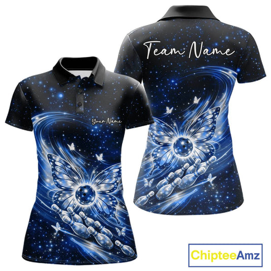Front and back view of a blue women’s bowling polo shirt featuring glowing butterfly wings around a bowling ball and galaxy-inspired artwork.