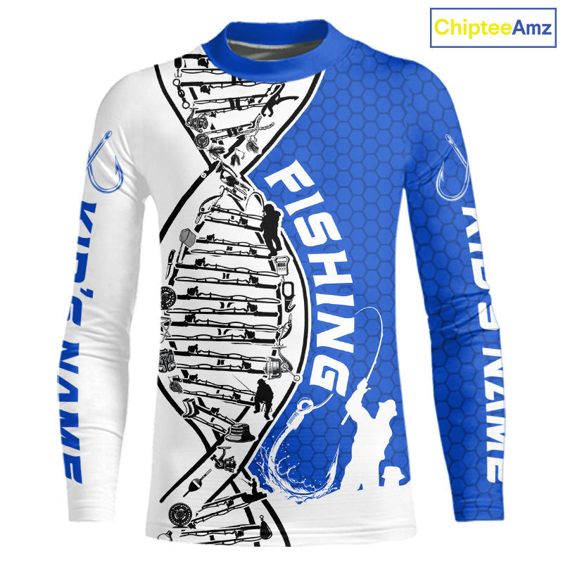 Custom Blue And White Fishing Tools Fishing DNA Kid Long Sleeve Tournament Fishing Shirts IPHW9177