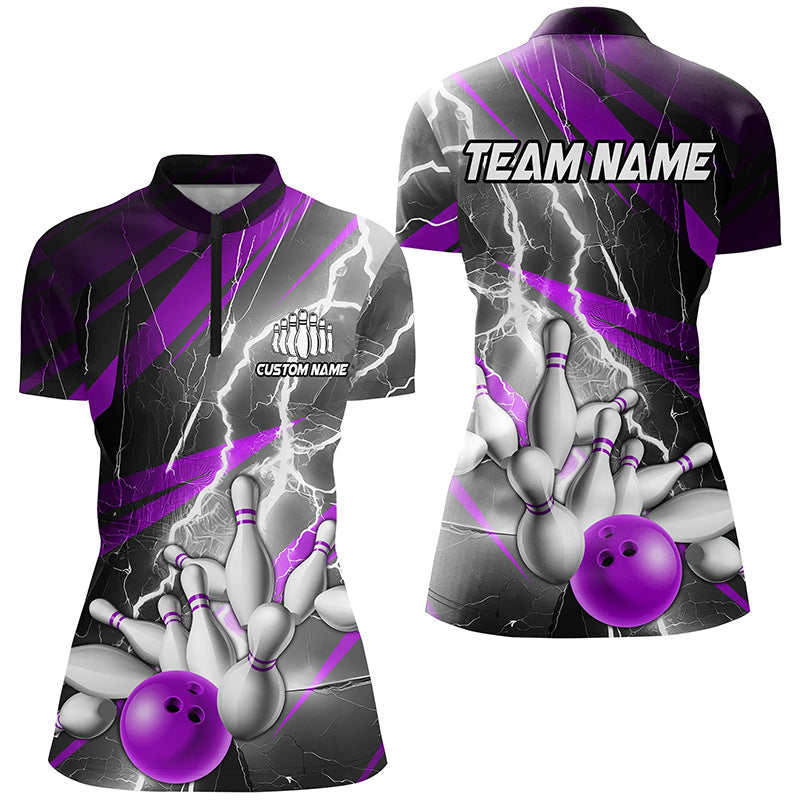 Purple Lightning Strike Custom Bowling Quarter Zip Shirts For Women,Ladies Bowling Shirts IPHW6855