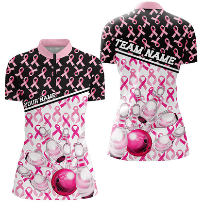 Black And Pink Breast Cancer Awareness Ribbons Custom Bowling Shirts For Women IPHW7007
