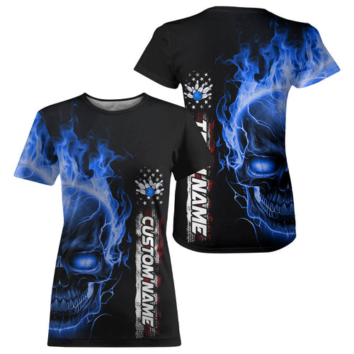 Custom Blue Flame Skull American Flag Bowling T-Shirts For Women, Patriotic Bowling IPHW5145