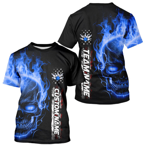 Custom Blue Flame Skull American Flag Bowling T-Shirts For Men, Patriotic Bowling IPHW5145