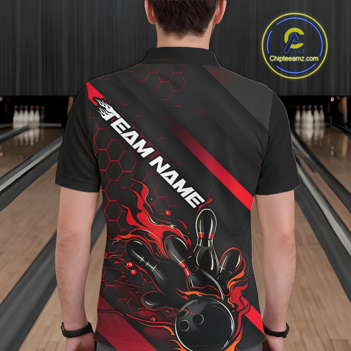 Custom Black And Red Flame Bowling Shirts For Men, Bowling Team Bowling League Shirts IPHW7210