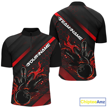 Custom Black And Red Flame Bowling Shirts For Men, Bowling Team Bowling League Shirts IPHW7210