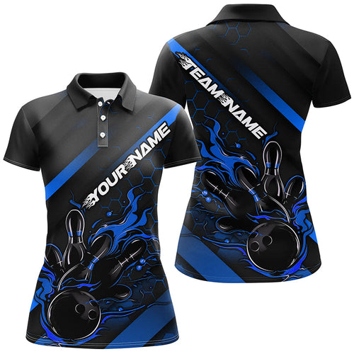 Custom Black And Blue Flame Bowling Shirts For Women, Bowling Team Bowling League Shirts IPHW7212