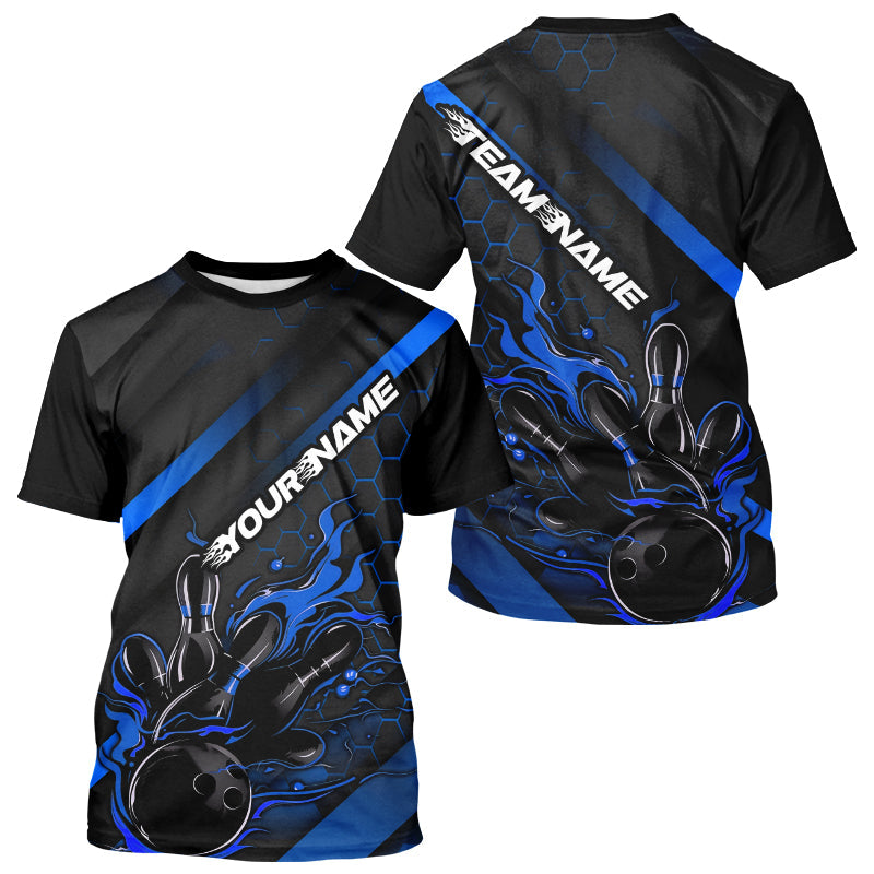 Custom Black And Blue Flame Bowling T-Shirts For Men, Bowling Team Bowling League Shirts IPHW7212