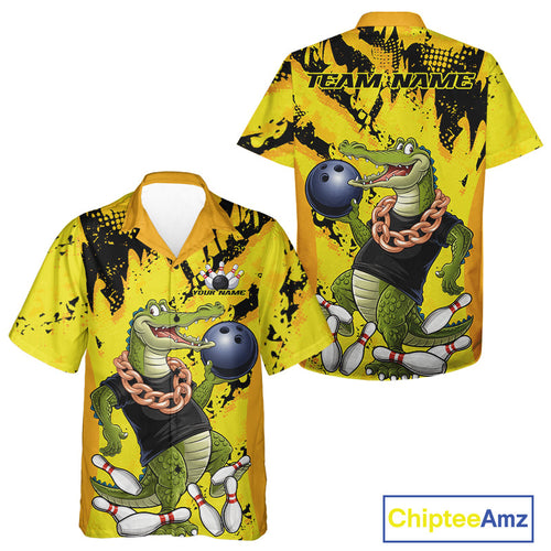 Custom Funny Alligator Bowling Hawaiian Shirt For Men And Women, Grunge Yelllow Bowling Team Jerseys IPHW9922