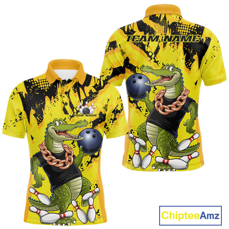 Custom Funny Alligator Bowling Polo Shirt For Men, Grunge Yelllow Bowling Team Jerseys IPHW9922