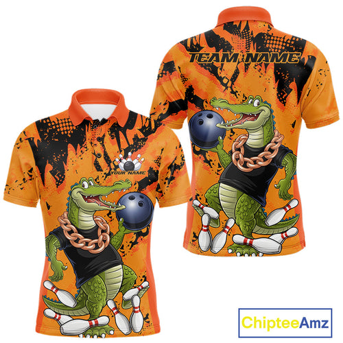 Custom Funny Alligator Bowling Polo Shirt For Men, Grunge Orange Bowling Team Jerseys IPHW9923