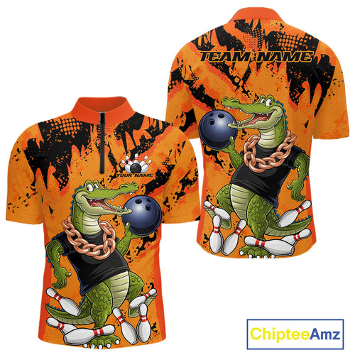 Custom Funny Alligator Bowling Quarter-Zip Shirt For Men, Grunge Orange Bowling Team Jerseys IPHW9923