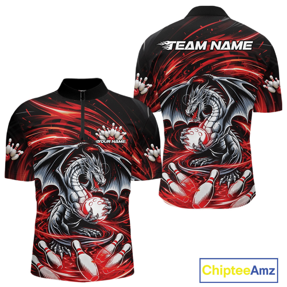 Custom Black And Red Fire Flame Dragon Bowling Jerseys Bowling Team Men Quarter-Zip Shirt IPHW10291