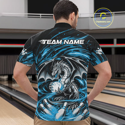 Custom Black And Blue Fire Flame Dragon Bowling Jerseys Bowling Team Men Quarter-Zip Shirt IPHW10292