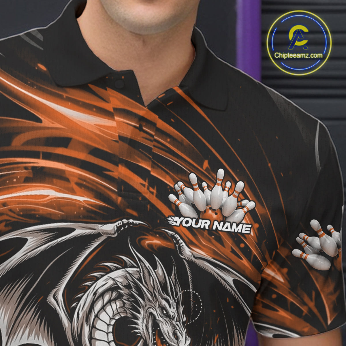 Custom Black And Orange Fire Flame Dragon Bowling Jerseys Bowling Team Men Polo Shirt IPHW10293