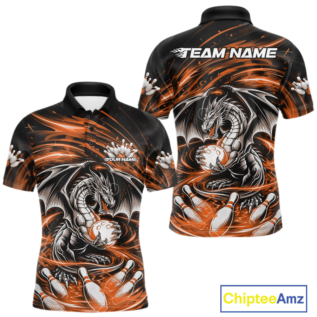 Custom Black And Orange Fire Flame Dragon Bowling Jerseys Bowling Team Men Polo Shirt IPHW10293