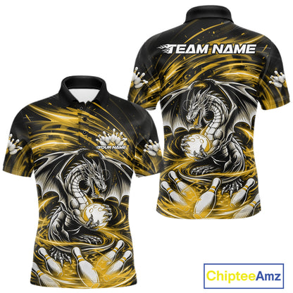 Custom Black And Yellow Fire Flame Dragon Bowling Jerseys Bowling Team Men Polo Shirt IPHW10294