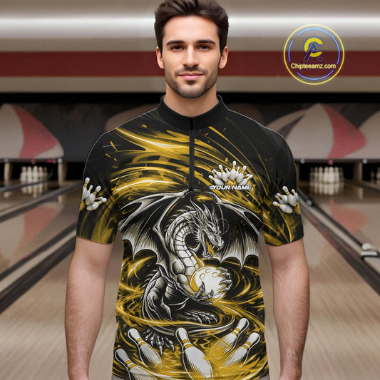 Custom Black And Yellow Fire Flame Dragon Bowling Jerseys Bowling Team Men Quarter-Zip Shirt IPHW10294