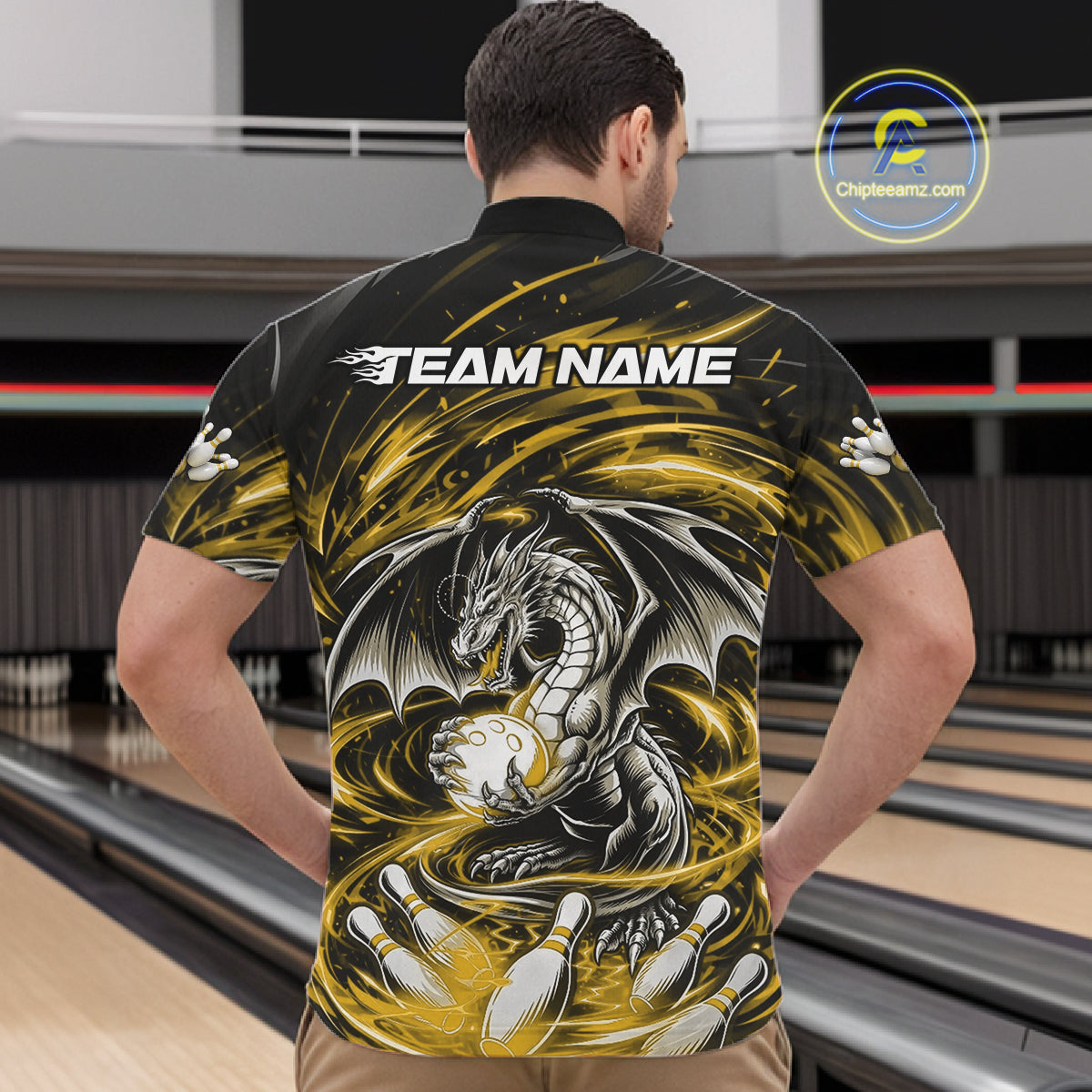 Custom Black And Yellow Fire Flame Dragon Bowling Jerseys Bowling Team Men Quarter-Zip Shirt IPHW10294