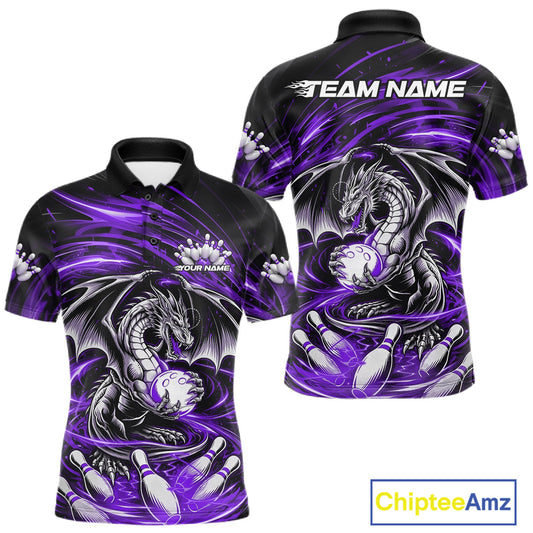 Custom Black And Purple Fire Flame Dragon Bowling Jerseys Bowling Team Men Polo Shirt IPHW10295