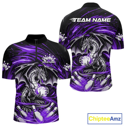 Custom Black And Purple Fire Flame Dragon Bowling Jerseys Bowling Team Men Quarter-Zip Shirt IPHW10295