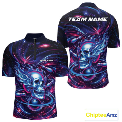 Custom Galaxy Flame Skull Bowling Team Men Quarter-Zip Shirt, Bowling Tournament Outfit IPHW10296